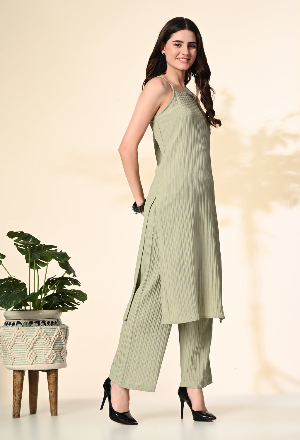 Myshka Women's Self Design Shoulder Straps Kurta & Palazzos Sets in Olive Color | Grocsy