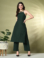 Myshka Women's Self Design Shoulder Straps Kurta & Palazzos Sets in Green Color | Grocsy