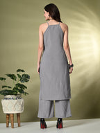 Myshka Women's Self Design Shoulder Straps Kurta & Palazzos Sets in Grey Color | Grocsy