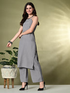 Myshka Women's Self Design Shoulder Straps Kurta & Palazzos Sets in Grey Color | Grocsy