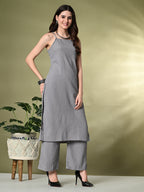 Myshka Women's Self Design Shoulder Straps Kurta & Palazzos Sets in Grey Color | Grocsy