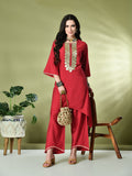 Myshka Women's Embroidered Keyhole Neck Bell Sleeves Kurta & Palazzos Sets in Red Color | Grocsy