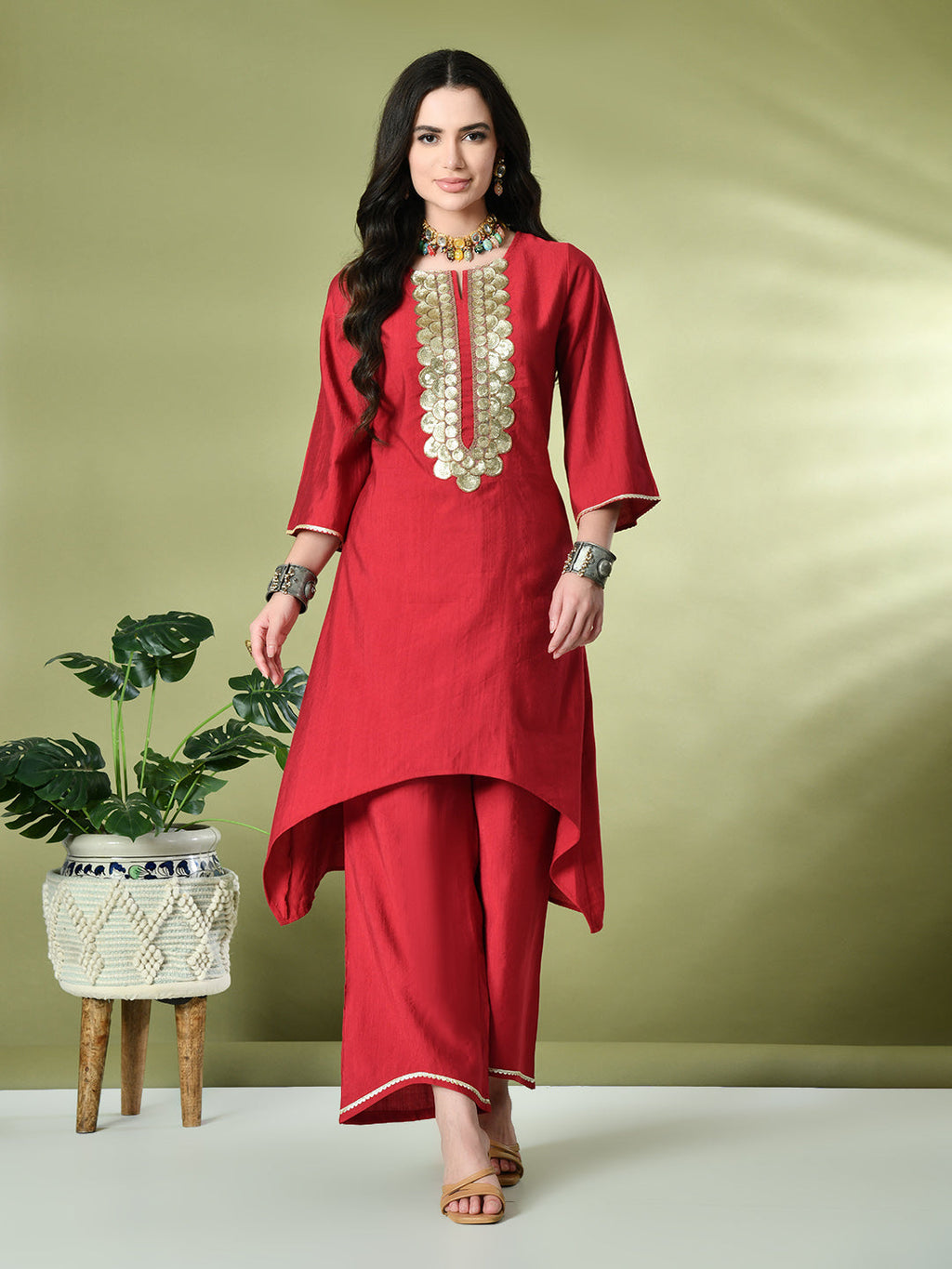 Myshka Women's Embroidered Keyhole Neck Bell Sleeves Kurta & Palazzos Sets in Red Color | Grocsy