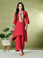 Myshka Women's Embroidered Keyhole Neck Bell Sleeves Kurta & Palazzos Sets in Red Color | Grocsy