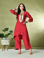 Myshka Women's Embroidered Keyhole Neck Bell Sleeves Kurta & Palazzos Sets in Red Color | Grocsy