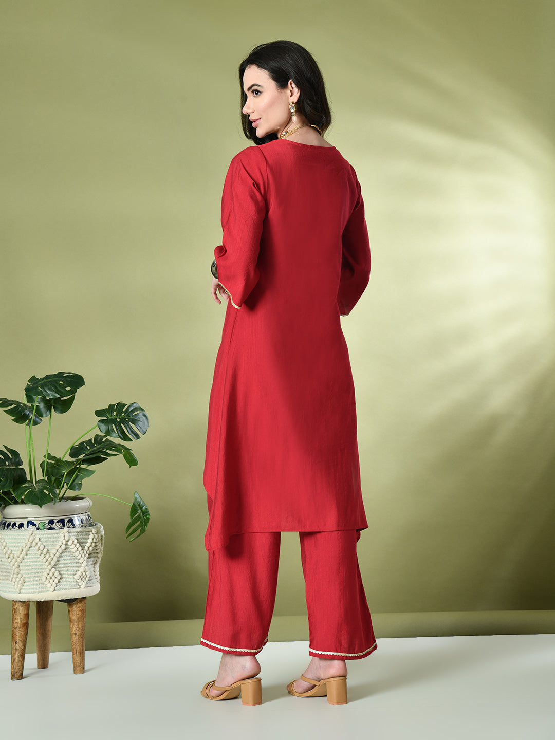 Myshka Women's Embroidered Keyhole Neck Bell Sleeves Kurta & Palazzos Sets in Red Color | Grocsy