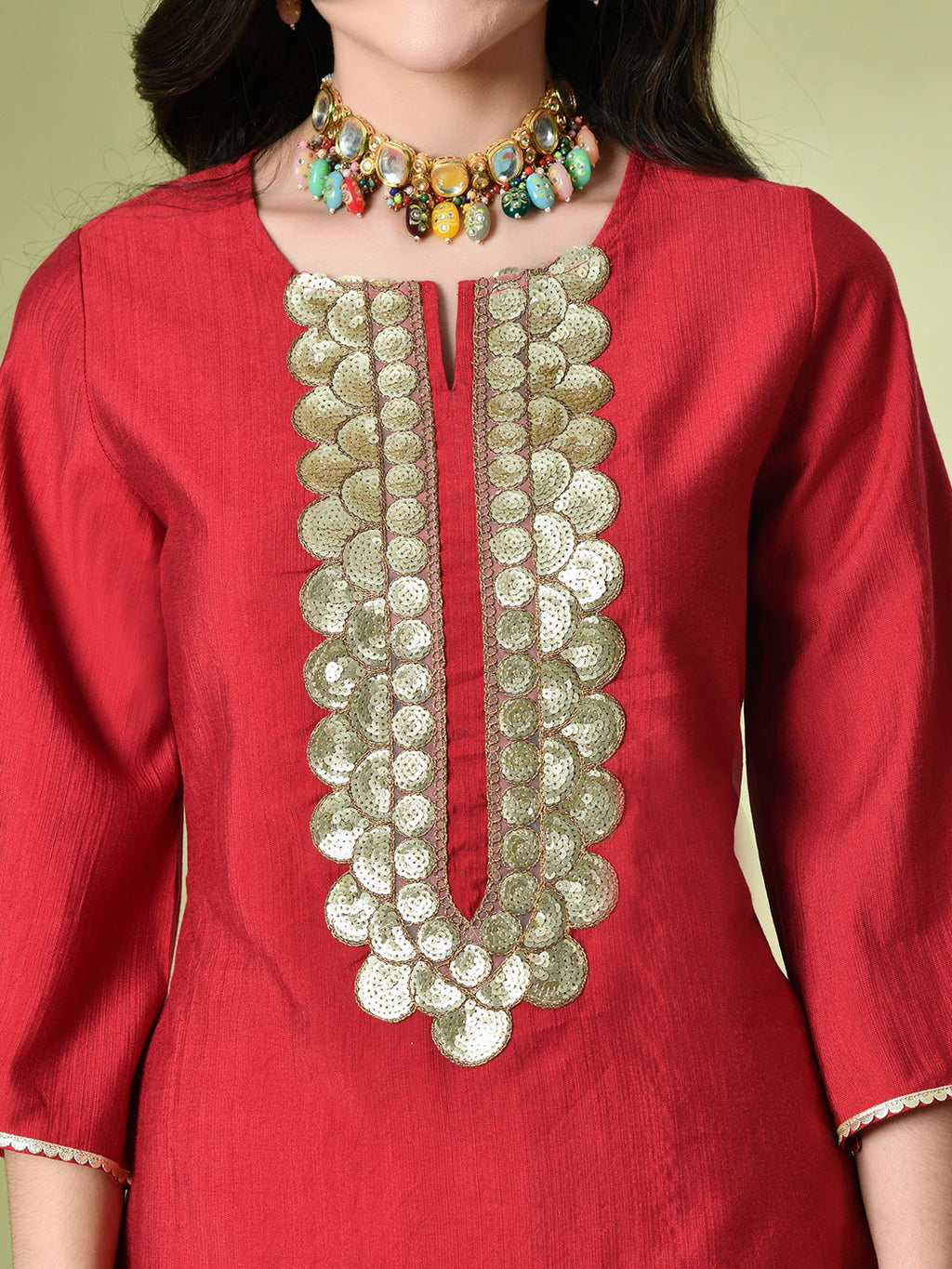 Myshka Women's Embroidered Keyhole Neck Bell Sleeves Kurta & Palazzos Sets in Red Color | Grocsy