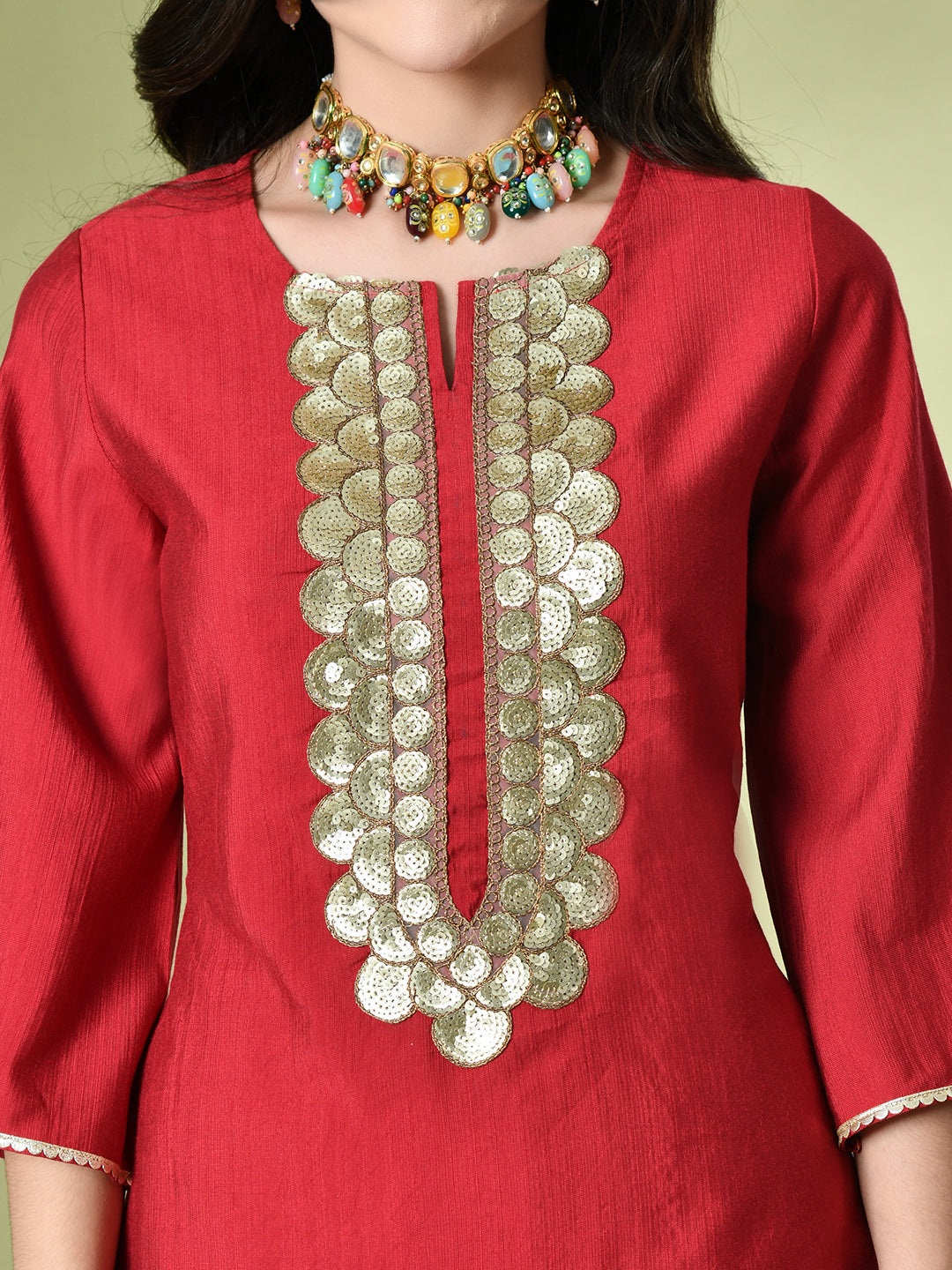 Myshka Women's Embroidered Keyhole Neck Bell Sleeves Kurta & Palazzos Sets in Red Color | Grocsy