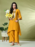 Myshka Women's Embroidered Keyhole Neck Bell Sleeves Kurta & Palazzos Sets in Mustard Color | Grocsy