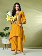Myshka Women's Embroidered Keyhole Neck Bell Sleeves Kurta & Palazzos Sets in Mustard Color | Grocsy