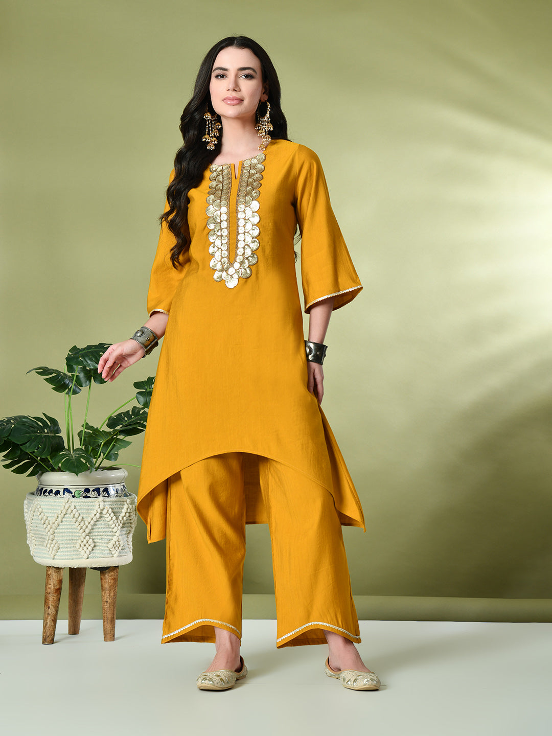 Myshka Women's Embroidered Keyhole Neck Bell Sleeves Kurta & Palazzos Sets in Mustard Color | Grocsy