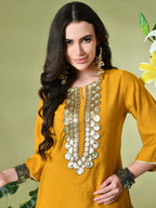 Myshka Women's Embroidered Keyhole Neck Bell Sleeves Kurta & Palazzos Sets in Mustard Color | Grocsy