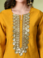 Myshka Women's Embroidered Keyhole Neck Bell Sleeves Kurta & Palazzos Sets in Mustard Color | Grocsy