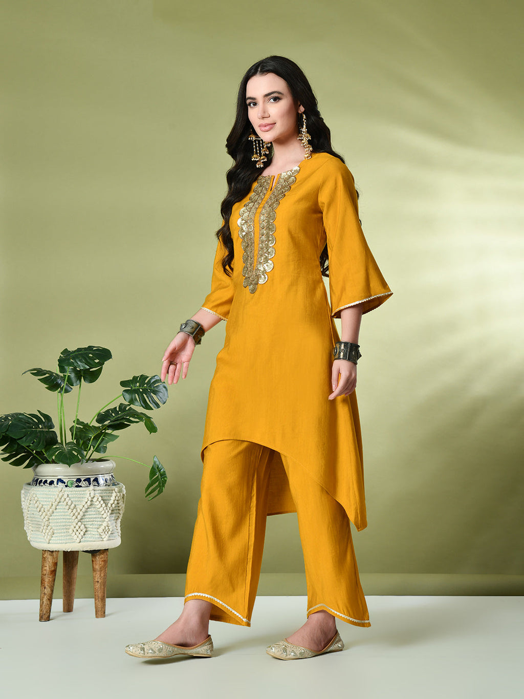 Myshka Women's Embroidered Keyhole Neck Bell Sleeves Kurta & Palazzos Sets in Mustard Color | Grocsy