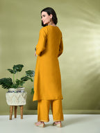 Myshka Women's Embroidered Keyhole Neck Bell Sleeves Kurta & Palazzos Sets in Mustard Color | Grocsy
