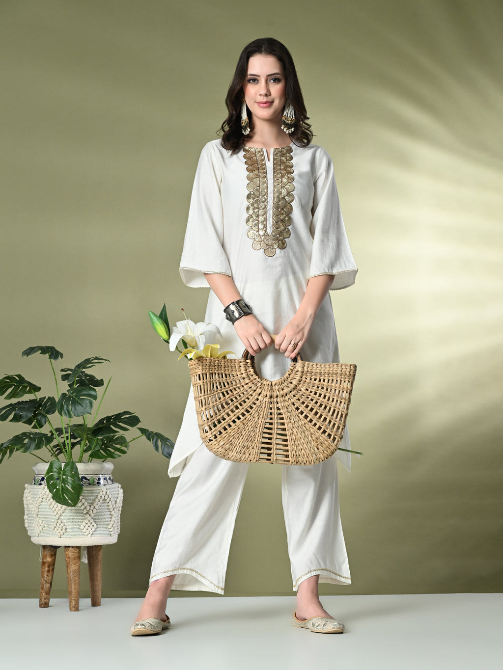 Myshka Women's Embroidered Keyhole Neck Bell Sleeves Kurta & Palazzos Sets in White Color | Grocsy