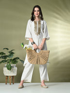 Myshka Women's Embroidered Keyhole Neck Bell Sleeves Kurta & Palazzos Sets in White Color | Grocsy