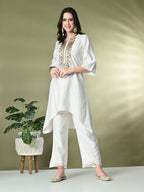 Myshka Women's Embroidered Keyhole Neck Bell Sleeves Kurta & Palazzos Sets in White Color | Grocsy