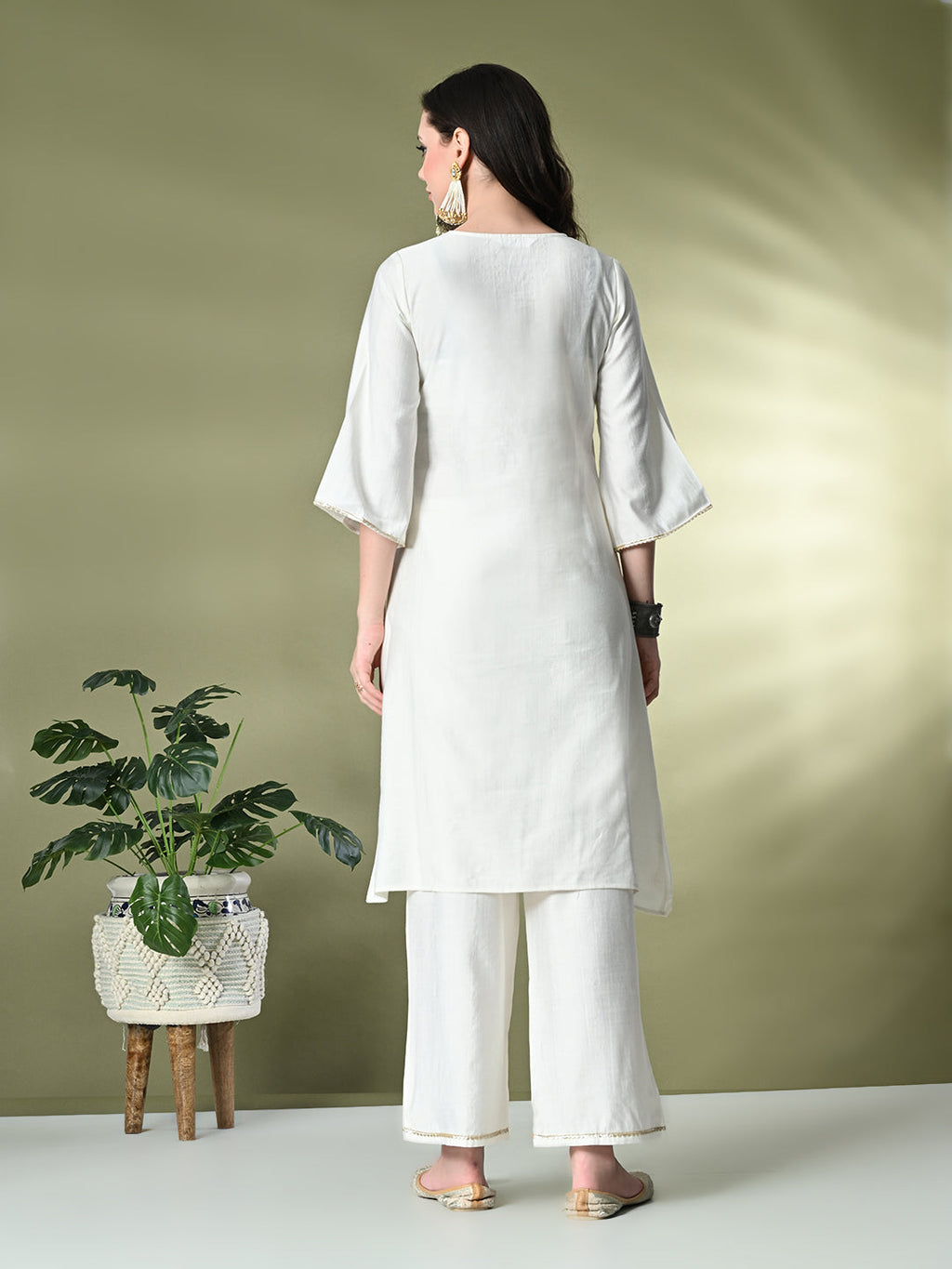 Myshka Women's Embroidered Keyhole Neck Bell Sleeves Kurta & Palazzos Sets in White Color | Grocsy