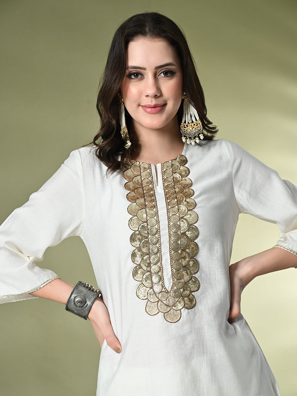 Myshka Women's Embroidered Keyhole Neck Bell Sleeves Kurta & Palazzos Sets in White Color | Grocsy