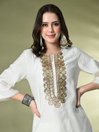 Myshka Women's Embroidered Keyhole Neck Bell Sleeves Kurta & Palazzos Sets in White Color | Grocsy