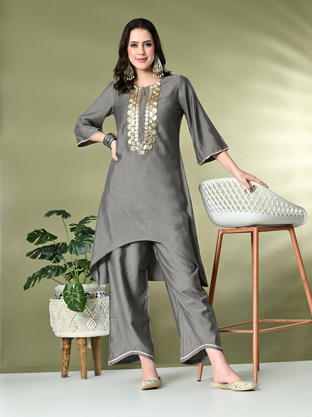 Myshka Women's Embroidered Keyhole Neck Bell Sleeves Kurta & Palazzos Sets in Grey Color | Grocsy
