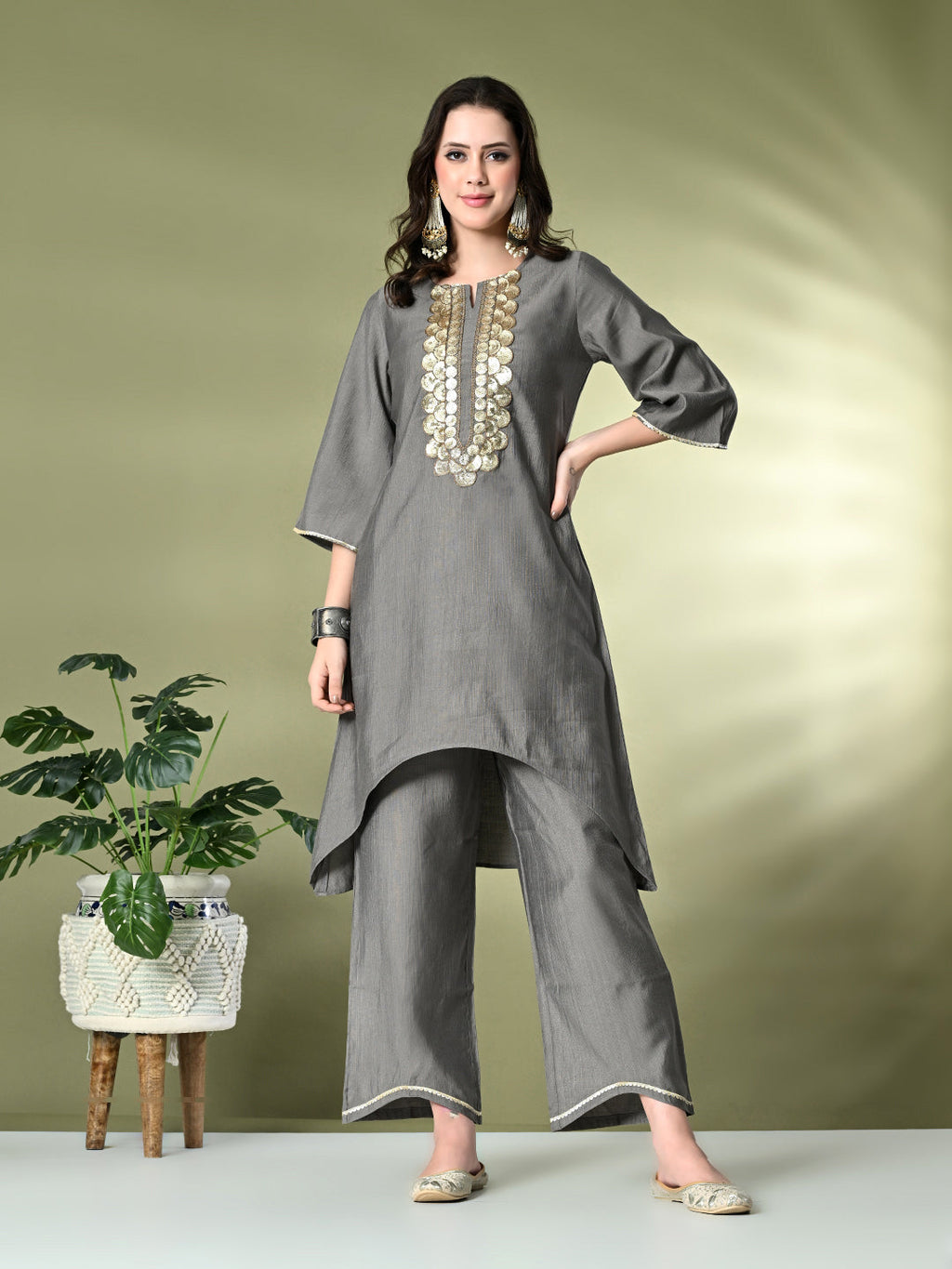 Myshka Women's Embroidered Keyhole Neck Bell Sleeves Kurta & Palazzos Sets in Grey Color | Grocsy