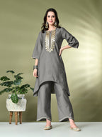 Myshka Women's Embroidered Keyhole Neck Bell Sleeves Kurta & Palazzos Sets in Grey Color | Grocsy