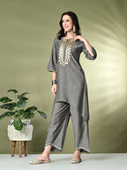 Myshka Women's Embroidered Keyhole Neck Bell Sleeves Kurta & Palazzos Sets in Grey Color | Grocsy