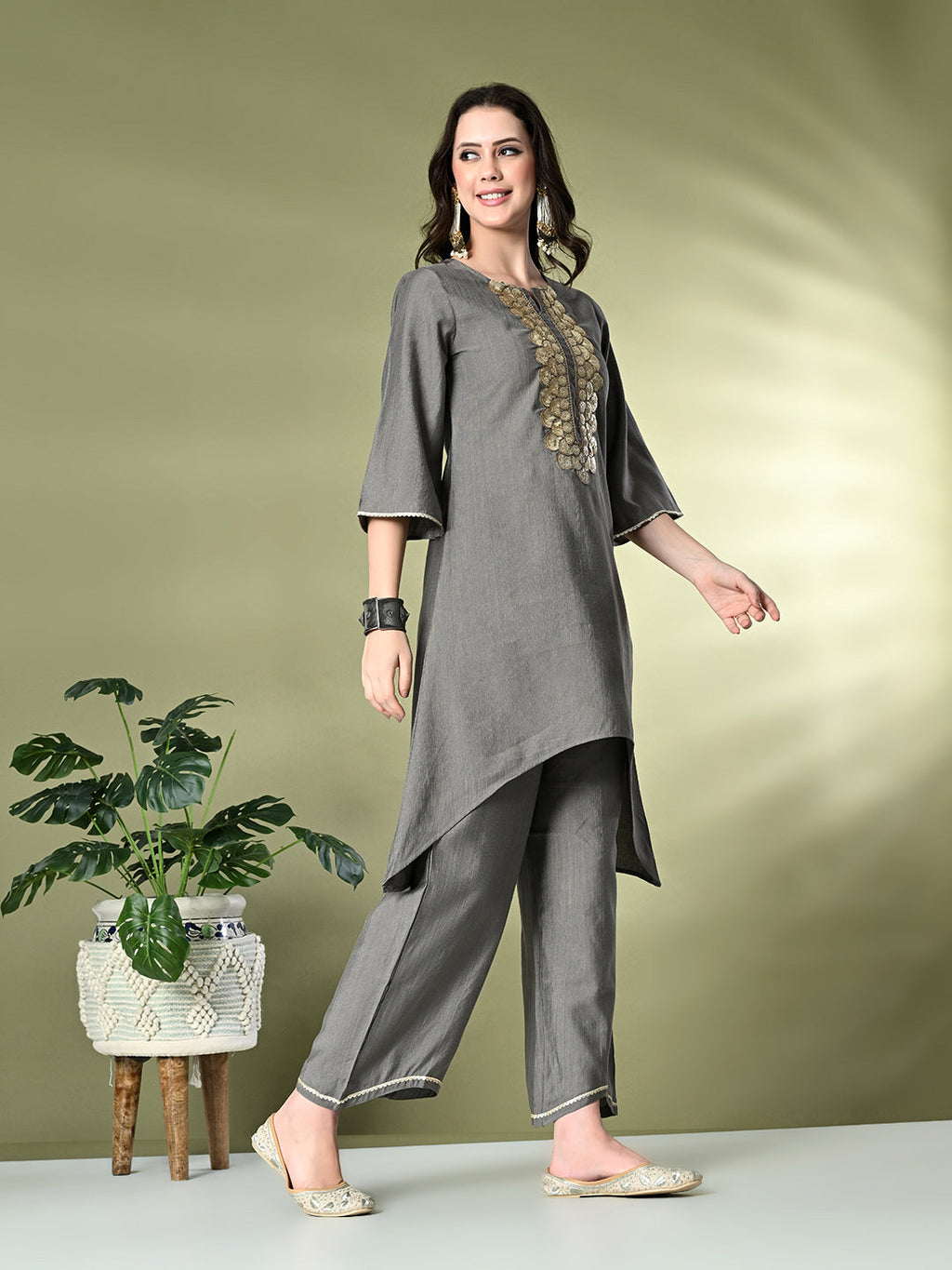 Myshka Women's Embroidered Keyhole Neck Bell Sleeves Kurta & Palazzos Sets in Grey Color | Grocsy
