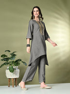 Myshka Women's Embroidered Keyhole Neck Bell Sleeves Kurta & Palazzos Sets in Grey Color | Grocsy
