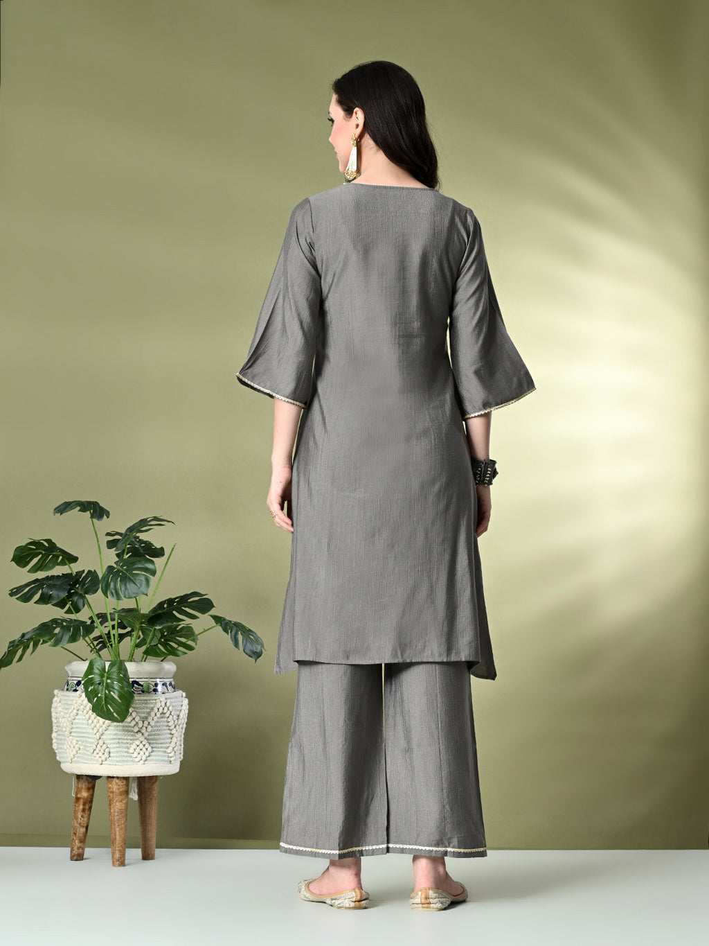Myshka Women's Embroidered Keyhole Neck Bell Sleeves Kurta & Palazzos Sets in Grey Color | Grocsy