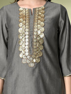 Myshka Women's Embroidered Keyhole Neck Bell Sleeves Kurta & Palazzos Sets in Grey Color | Grocsy