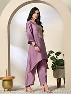 Myshka Women's Embroidered Keyhole Neck Bell Sleeves Kurta & Palazzos Sets in Lavender Color | Grocsy