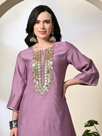 Myshka Women's Embroidered Keyhole Neck Bell Sleeves Kurta & Palazzos Sets in Lavender Color | Grocsy