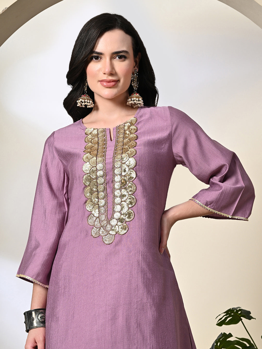Myshka Women's Embroidered Keyhole Neck Bell Sleeves Kurta & Palazzos Sets in Lavender Color | Grocsy