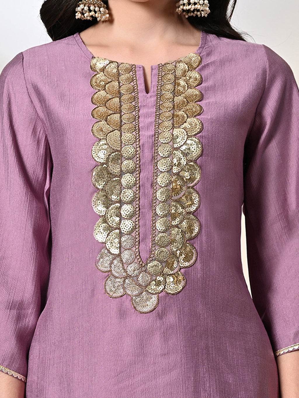 Myshka Women's Embroidered Keyhole Neck Bell Sleeves Kurta & Palazzos Sets in Lavender Color | Grocsy