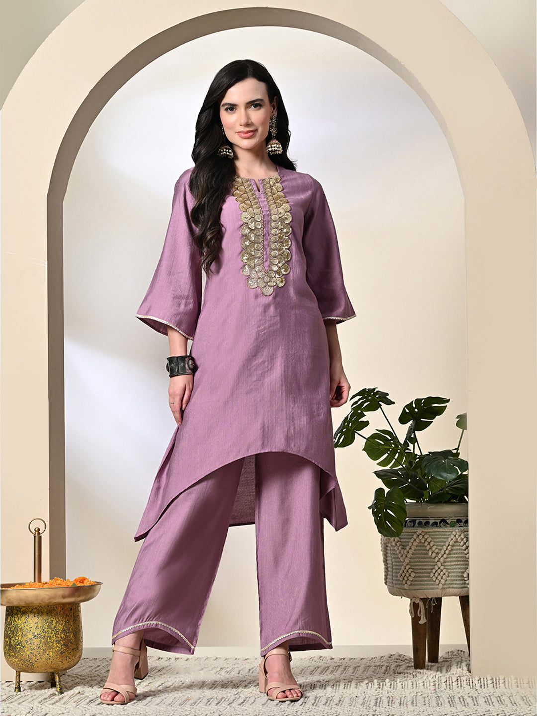 Myshka Women's Embroidered Keyhole Neck Bell Sleeves Kurta & Palazzos Sets in Lavender Color | Grocsy