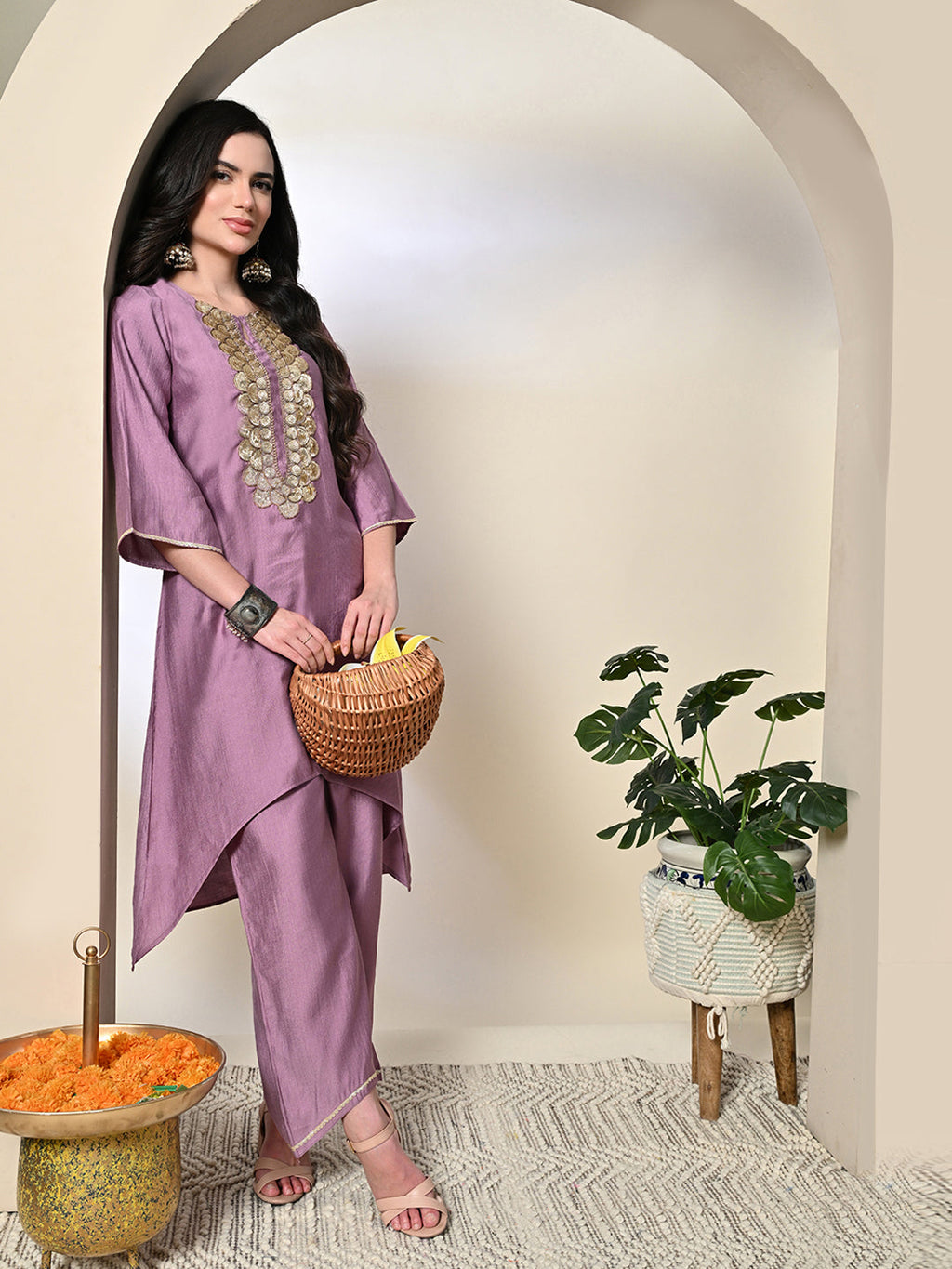 Myshka Women's Embroidered Keyhole Neck Bell Sleeves Kurta & Palazzos Sets in Lavender Color | Grocsy