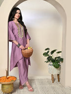 Myshka Women's Embroidered Keyhole Neck Bell Sleeves Kurta & Palazzos Sets in Lavender Color | Grocsy