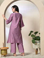 Myshka Women's Embroidered Keyhole Neck Bell Sleeves Kurta & Palazzos Sets in Lavender Color | Grocsy