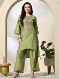 Myshka Women's Embroidered Keyhole Neck Bell Sleeves Kurta & Palazzos Sets in Green Color | Grocsy