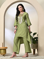 Myshka Women's Embroidered Keyhole Neck Bell Sleeves Kurta & Palazzos Sets in Green Color | Grocsy