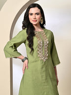 Myshka Women's Embroidered Keyhole Neck Bell Sleeves Kurta & Palazzos Sets in Green Color | Grocsy