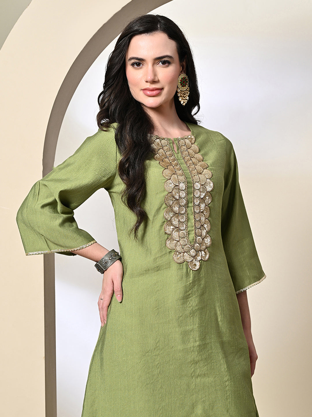 Myshka Women's Embroidered Keyhole Neck Bell Sleeves Kurta & Palazzos Sets in Green Color | Grocsy
