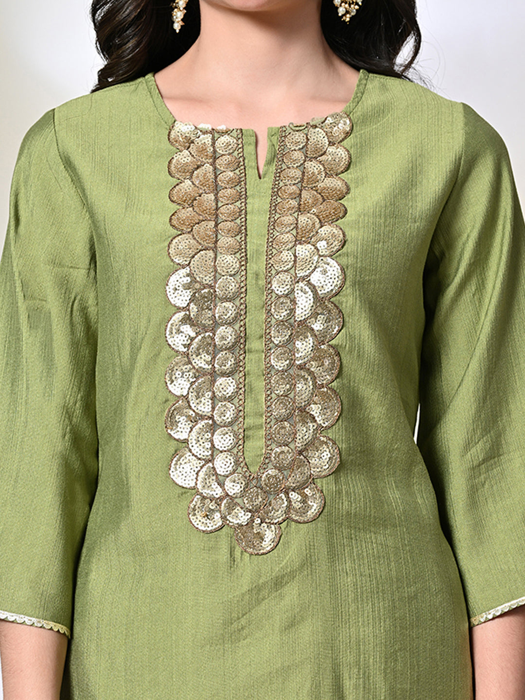 Myshka Women's Embroidered Keyhole Neck Bell Sleeves Kurta & Palazzos Sets in Green Color | Grocsy