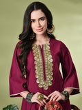 Myshka Women's Embroidered Keyhole Neck Bell Sleeves Kurta & Palazzos Sets in Magenta Color | Grocsy