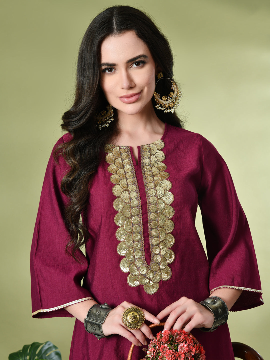 Myshka Women's Embroidered Keyhole Neck Bell Sleeves Kurta & Palazzos Sets in Magenta Color | Grocsy