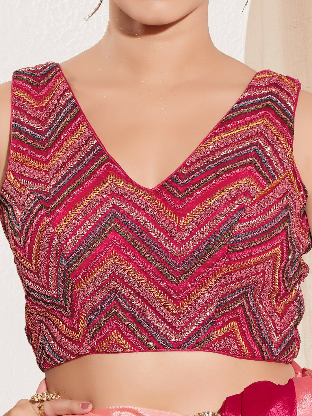 Joban Fashion Magenta Net Padded Blouse With V Neck Sleeveless | Grocsy