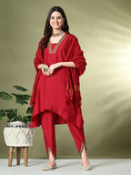 Myshka Women's Solid V-Neck Bell Sleeves Kurta & Dhoti Pants With Dupatta Sets in Red Color | Grocsy
